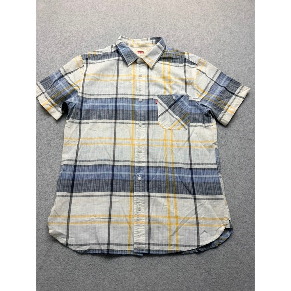 Levis Mens Short Sleeve Button Down Plaid Shirt Blue Yellow White Size Medium